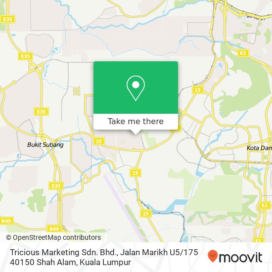 Peta Tricious Marketing Sdn. Bhd., Jalan Marikh U5 / 175 40150 Shah Alam