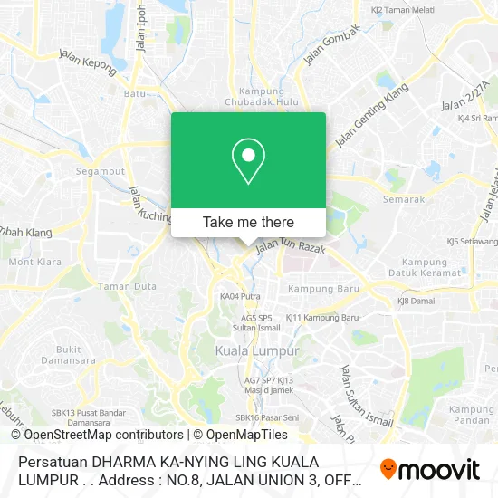 Persatuan DHARMA KA-NYING LING KUALA LUMPUR . . Address : NO.8, JALAN UNION 3, OFF JALAN SENTUL, 51 map