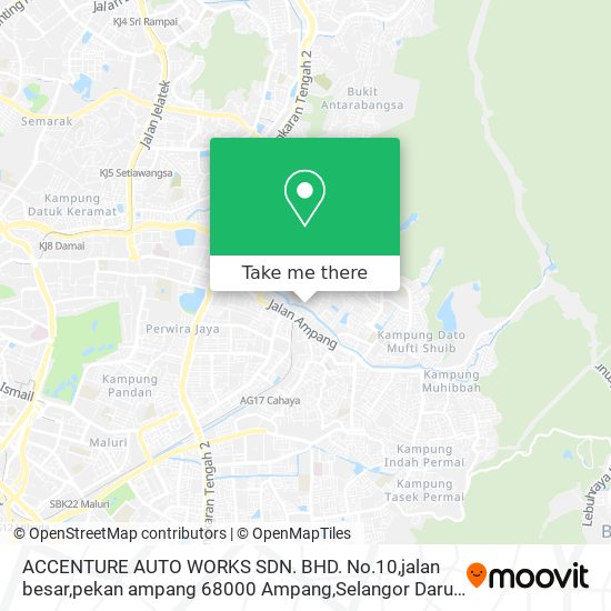 Peta ACCENTURE AUTO WORKS SDN. BHD.
No.10,jalan besar,pekan ampang
68000 Ampang,Selangor Darul Ehsan.