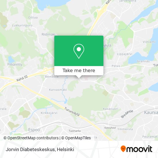 How to get to Jorvin Diabeteskeskus in Espoo by Bus or Train?