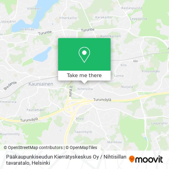 How to get to Pääkaupunkiseudun Kierrätyskeskus Oy / Nihtisillan tavaratalo  in Espoo by Bus, Train or Tram?