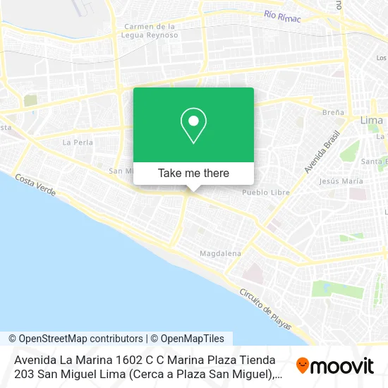 Mapa de Avenida La Marina 1602   C C Marina Plaza  Tienda 203  San Miguel  Lima (Cerca a Plaza San Miguel)