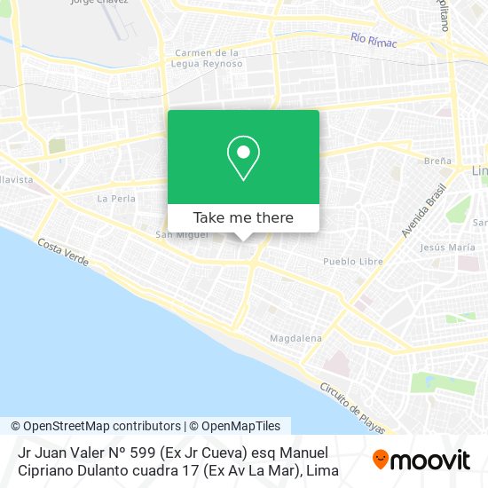 Jr  Juan Valer Nº 599 (Ex  Jr  Cueva) esq  Manuel Cipriano Dulanto cuadra 17 (Ex  Av  La Mar) map