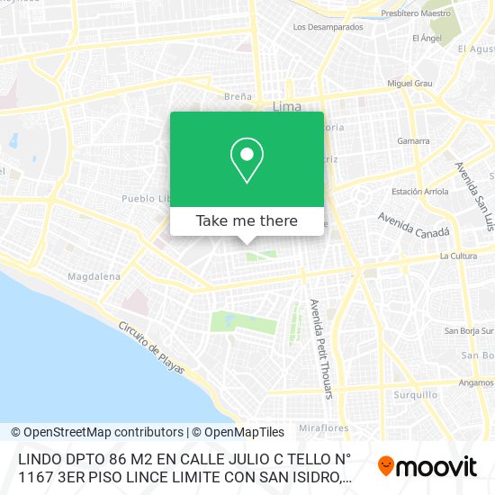 Mapa de LINDO DPTO  86 M2 EN CALLE  JULIO C  TELLO N° 1167 3ER PISO  LINCE LIMITE CON SAN ISIDRO