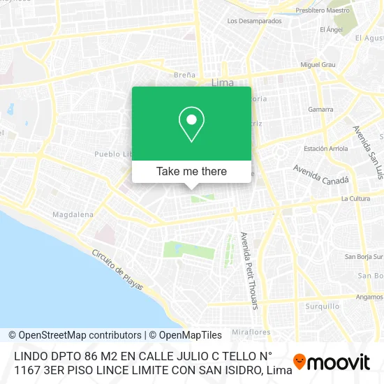 LINDO DPTO  86 M2 EN CALLE  JULIO C  TELLO N° 1167 3ER PISO  LINCE LIMITE CON SAN ISIDRO map