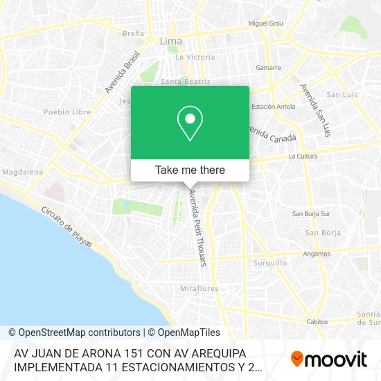 Mapa de AV JUAN DE ARONA 151 CON AV AREQUIPA IMPLEMENTADA 11 ESTACIONAMIENTOS Y 2 DEPOSITOS