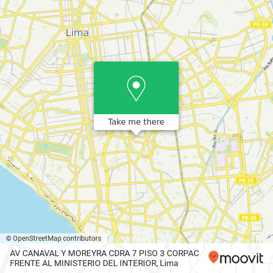 Mapa de AV  CANAVAL Y MOREYRA CDRA  7 PISO 3  CORPAC   FRENTE AL MINISTERIO DEL INTERIOR