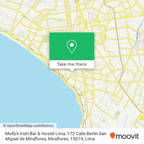 Mapa de Molly's Irish Bar & Hostel Lima, 172 Calle Berlín San Miguel de Miraflores, Miraflores, 15074