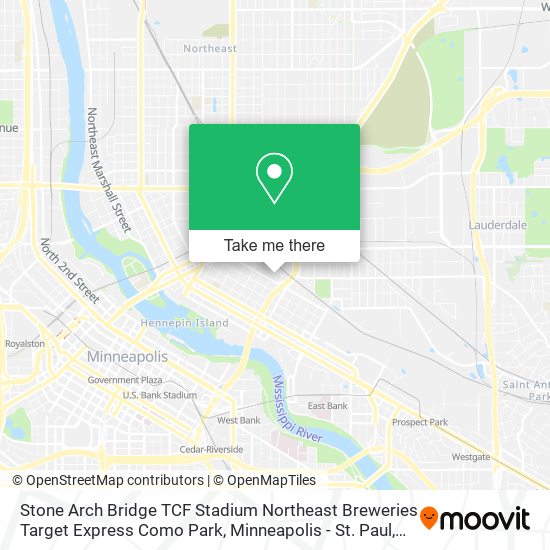 Mapa de Stone Arch Bridge TCF Stadium Northeast Breweries Target Express Como Park