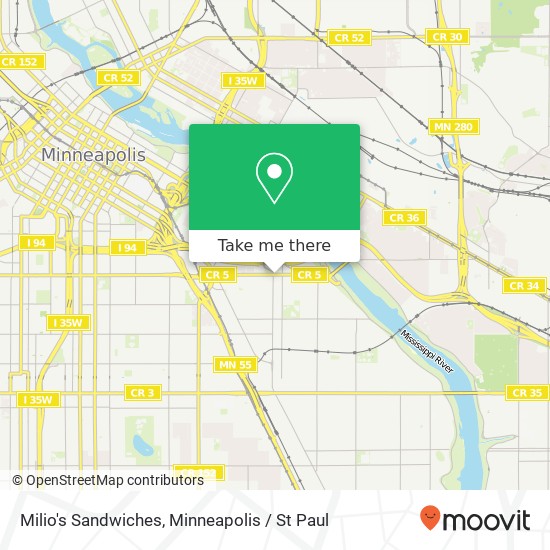 Mapa de Milio's Sandwiches, 2620 E Franklin Ave Minneapolis, MN 55406