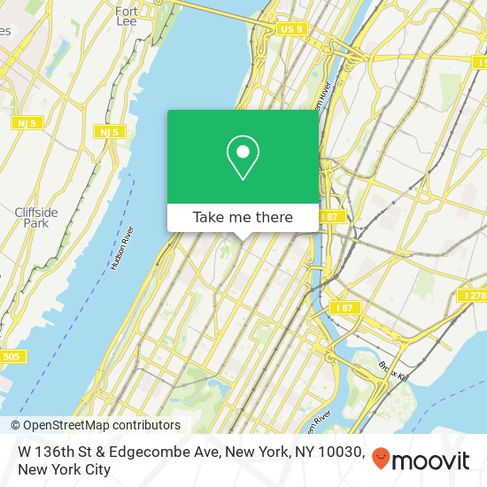W 136th St & Edgecombe Ave, New York, NY 10030 map