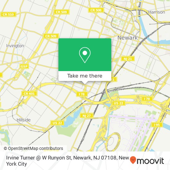 Mapa de Irvine Turner @ W Runyon St, Newark, NJ 07108