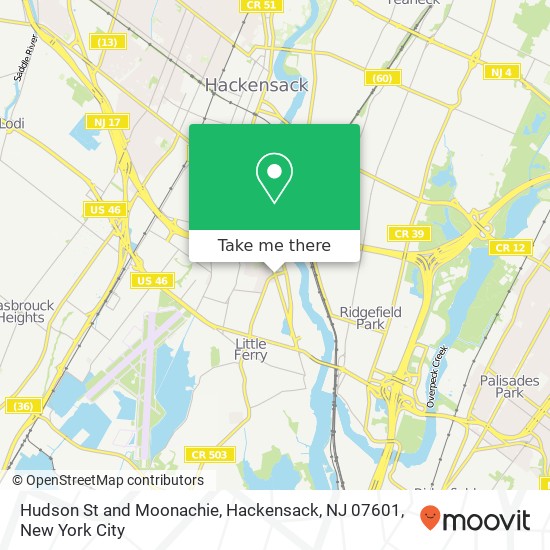 Mapa de Hudson St and Moonachie, Hackensack, NJ 07601