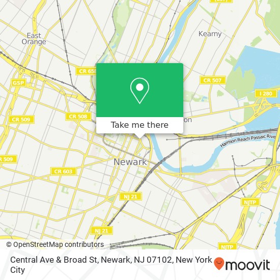 Mapa de Central Ave & Broad St, Newark, NJ 07102