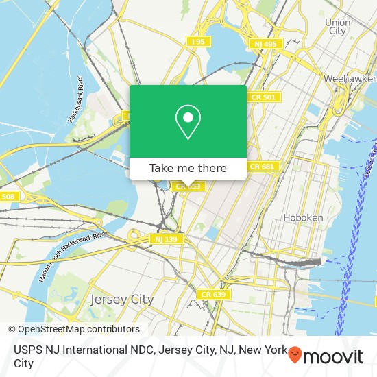 Mapa de USPS NJ International NDC, Jersey City, NJ