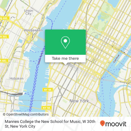 Mapa de Mannes College the New School for Music, W 30th St