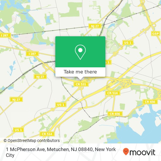 Mapa de 1 McPherson Ave, Metuchen, NJ 08840