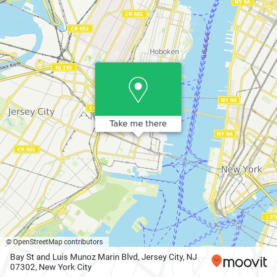 Mapa de Bay St and Luis Munoz Marin Blvd, Jersey City, NJ 07302
