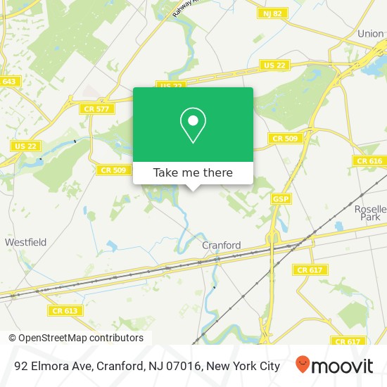 Mapa de 92 Elmora Ave, Cranford, NJ 07016