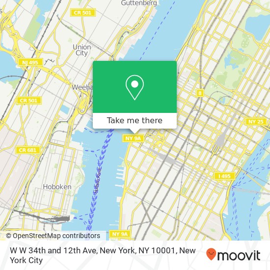 W W 34th and 12th Ave, New York, NY 10001 map