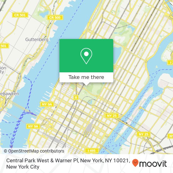 Central Park West & Warner Pl, New York, NY 10021 map