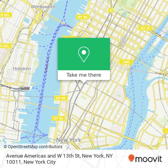 Mapa de Avenue Americas and W 13th St, New York, NY 10011