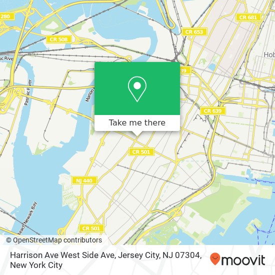 Mapa de Harrison Ave West Side Ave, Jersey City, NJ 07304