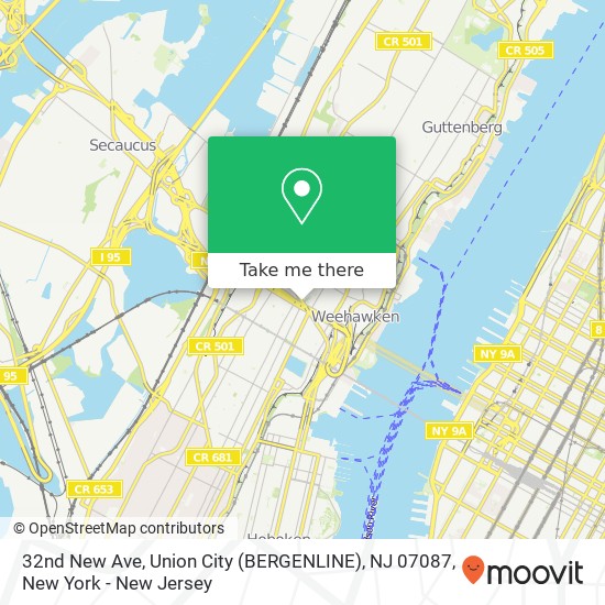 Mapa de 32nd New Ave, Union City (BERGENLINE), NJ 07087