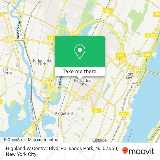 Mapa de Highland W Central Blvd, Palisades Park, NJ 07650