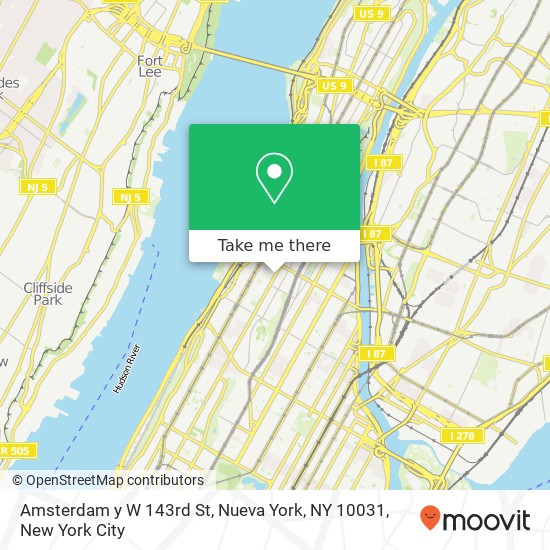 Mapa de Amsterdam y W 143rd St, Nueva York, NY 10031