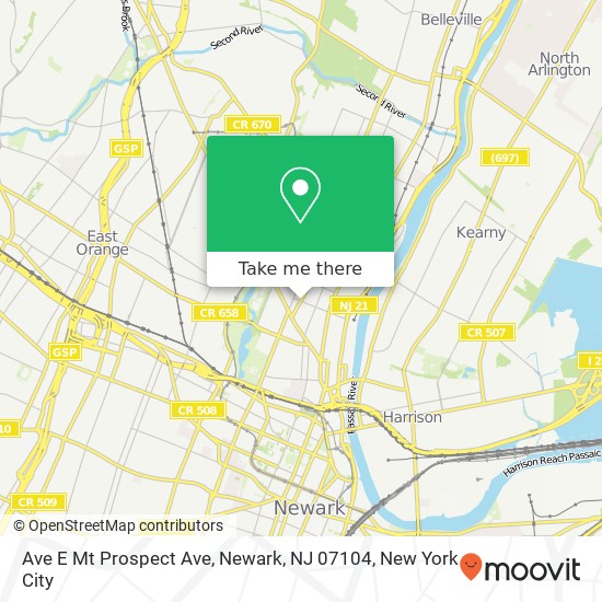 Mapa de Ave E Mt Prospect Ave, Newark, NJ 07104