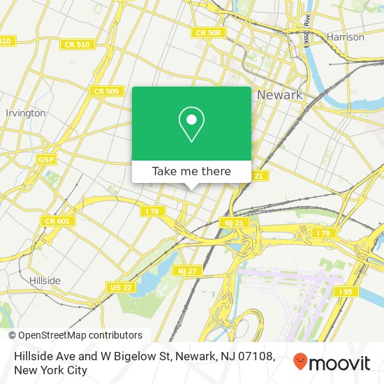Mapa de Hillside Ave and W Bigelow St, Newark, NJ 07108