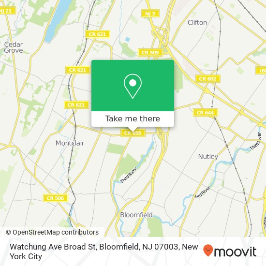 Mapa de Watchung Ave Broad St, Bloomfield, NJ 07003