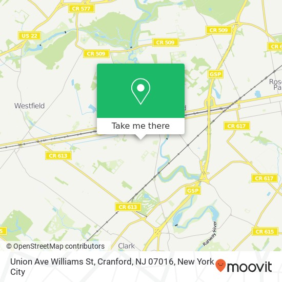 Mapa de Union Ave Williams St, Cranford, NJ 07016