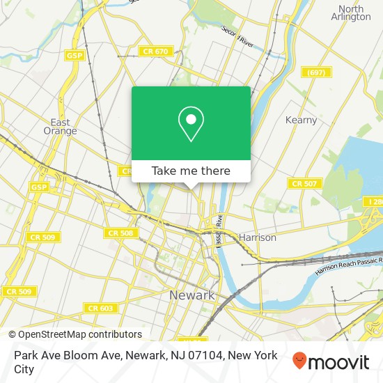 Mapa de Park Ave Bloom Ave, Newark, NJ 07104