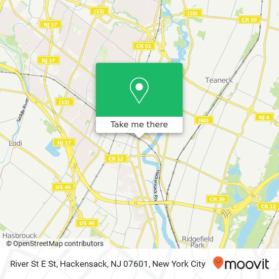 Mapa de River St E St, Hackensack, NJ 07601
