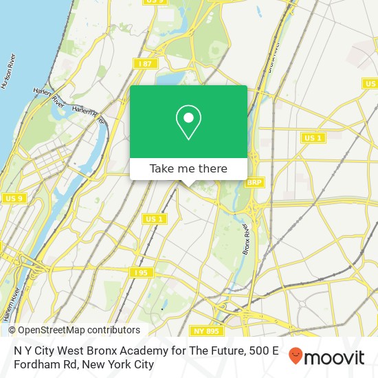 Mapa de N Y City West Bronx Academy for The Future, 500 E Fordham Rd
