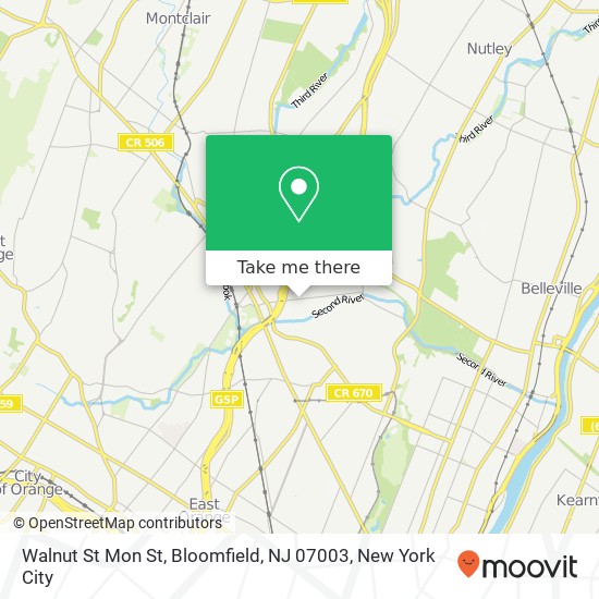 Mapa de Walnut St Mon St, Bloomfield, NJ 07003