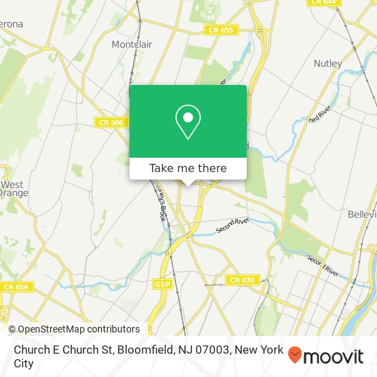 Mapa de Church E Church St, Bloomfield, NJ 07003