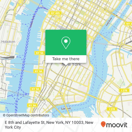 Mapa de E 8th and Lafayette St, New York, NY 10003