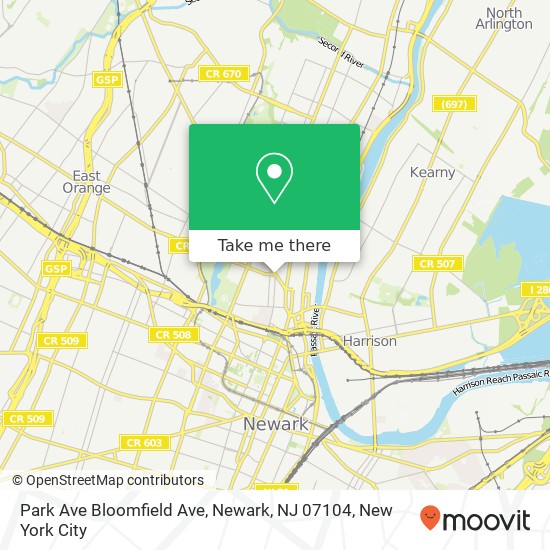 Mapa de Park Ave Bloomfield Ave, Newark, NJ 07104