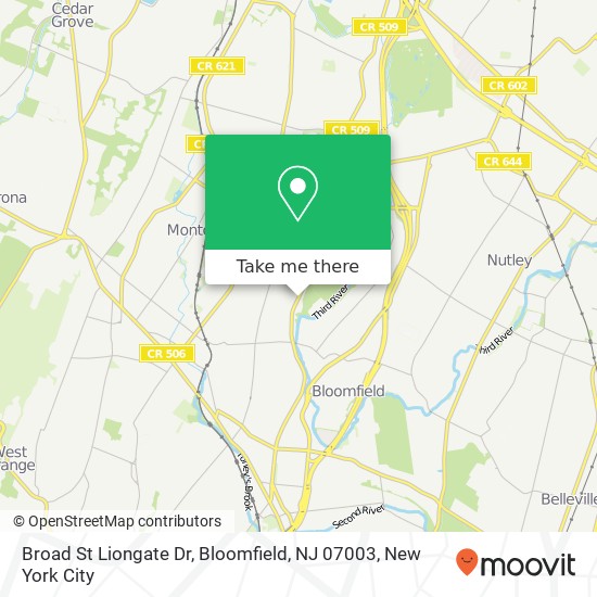 Mapa de Broad St Liongate Dr, Bloomfield, NJ 07003