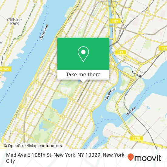 Mad Ave E 108th St, New York, NY 10029 map