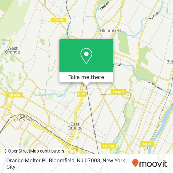 Mapa de Orange Molter Pl, Bloomfield, NJ 07003