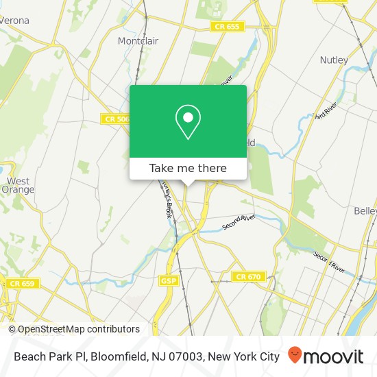 Mapa de Beach Park Pl, Bloomfield, NJ 07003