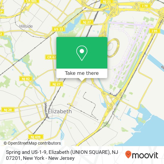 Mapa de Spring and US-1-9, Elizabeth (UNION SQUARE), NJ 07201