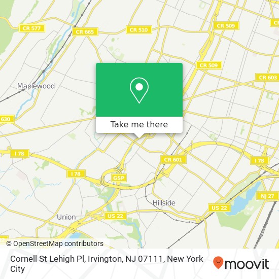 Mapa de Cornell St Lehigh Pl, Irvington, NJ 07111