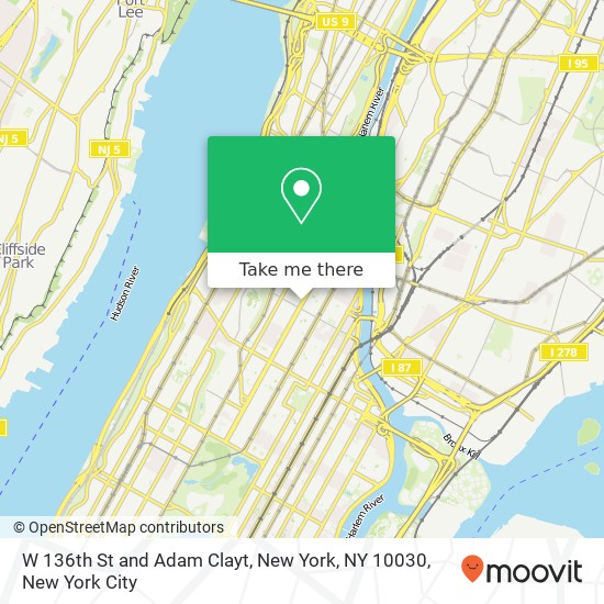 W 136th St and Adam Clayt, New York, NY 10030 map