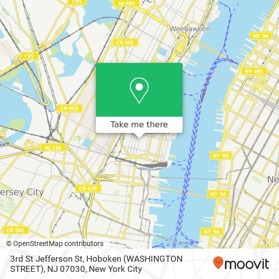 Mapa de 3rd St Jefferson St, Hoboken (WASHINGTON STREET), NJ 07030