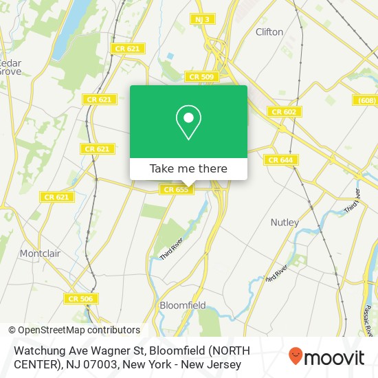 Mapa de Watchung Ave Wagner St, Bloomfield (NORTH CENTER), NJ 07003